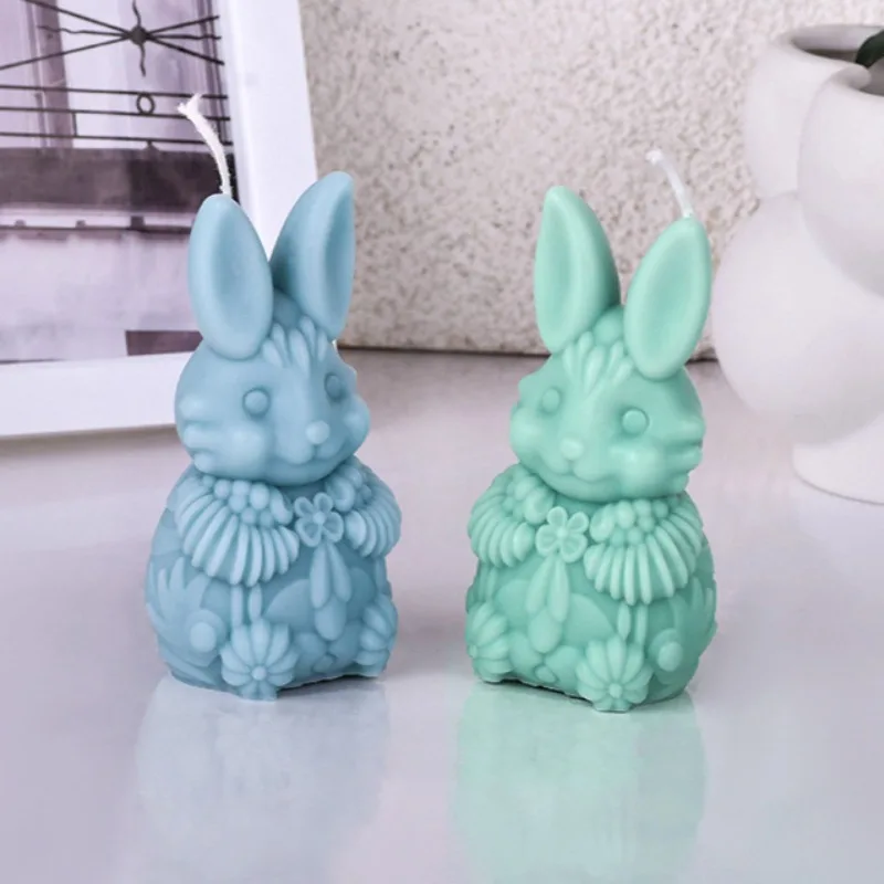 Flower Pattern Bunny Aroma Candle Silicone Mold Cute Rabbit Ornaments Plaster Concrete Scented Mould Easter Bunny Soap Molds