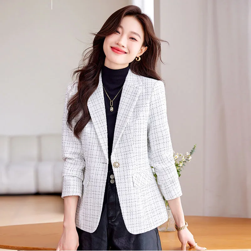 2024 New Fashion Women Formal Blazer Ladies Long Sleeve Work Wear Jacket Coat Autumn Winter Female Tweed Woolen Suit Outerwear