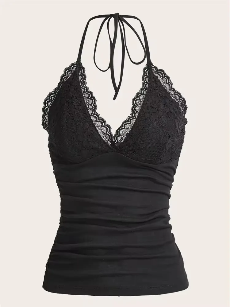 Phumee Damen Schwarzes Spitzen-Patchwork Halftertop 3