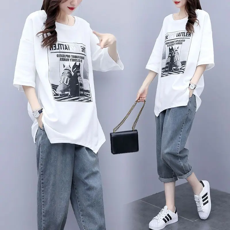 Summer New Korean Edition Large Women\'s Set 3/4 Sleeve Loose T-shirt+Casual Wide Leg Jeans Pants Western Two Piece Set for Women