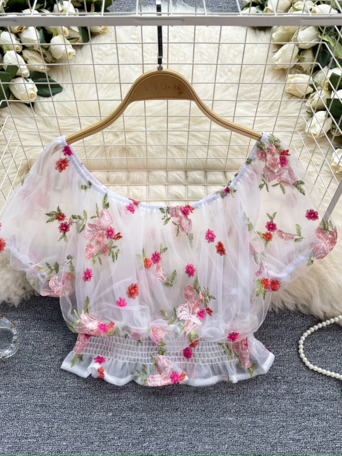 

Sweet Waist Cinched One Shoulder Bubble Sleeve Mesh Shirt Summer Heavy Embroidery Flower Short Crop Top Korean Style Commute ...