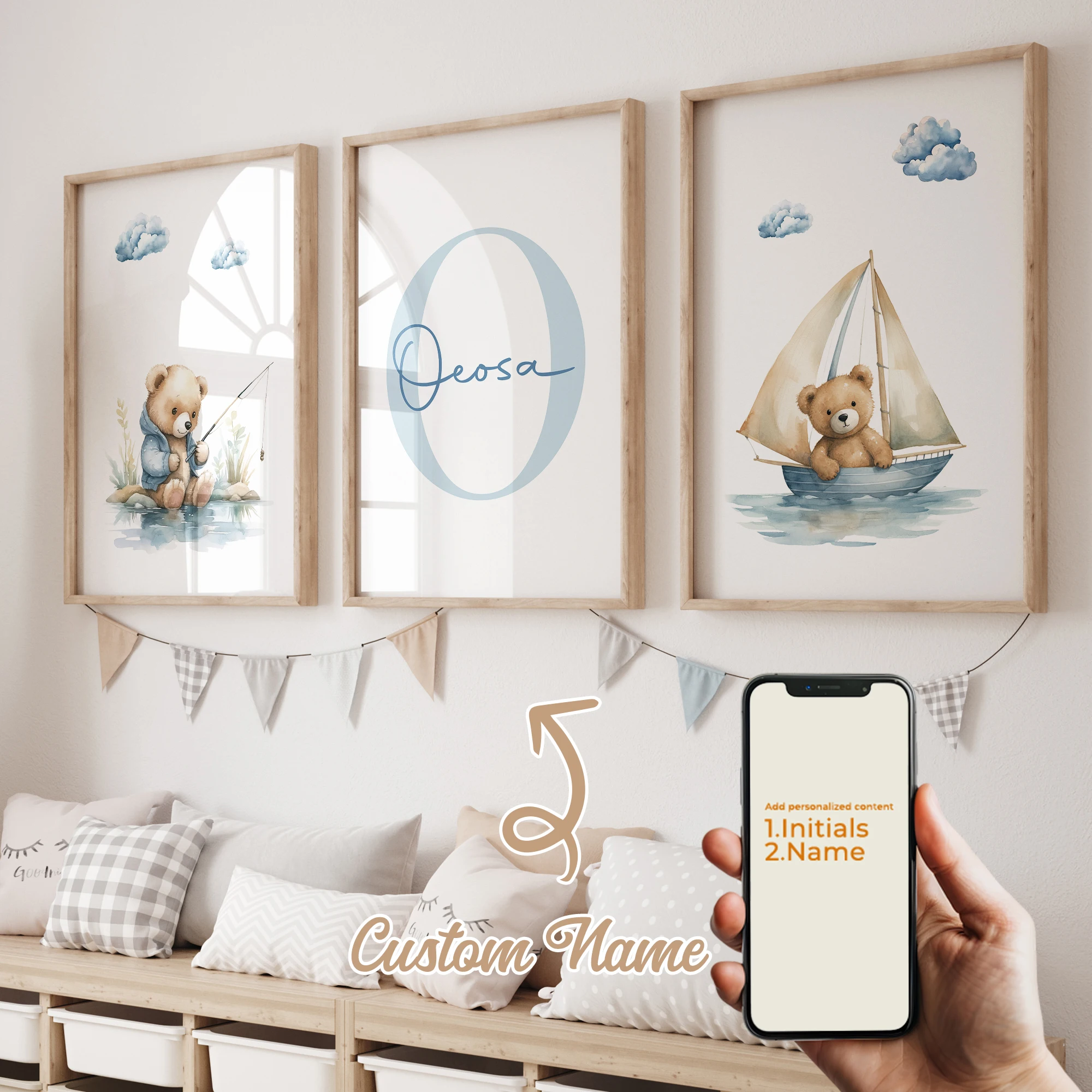 

3pcs Bear Sailing Fishing Name Customization Gift Wall Art Prints Canvas Painting Poster Picture For Living Bed Room Home Decor