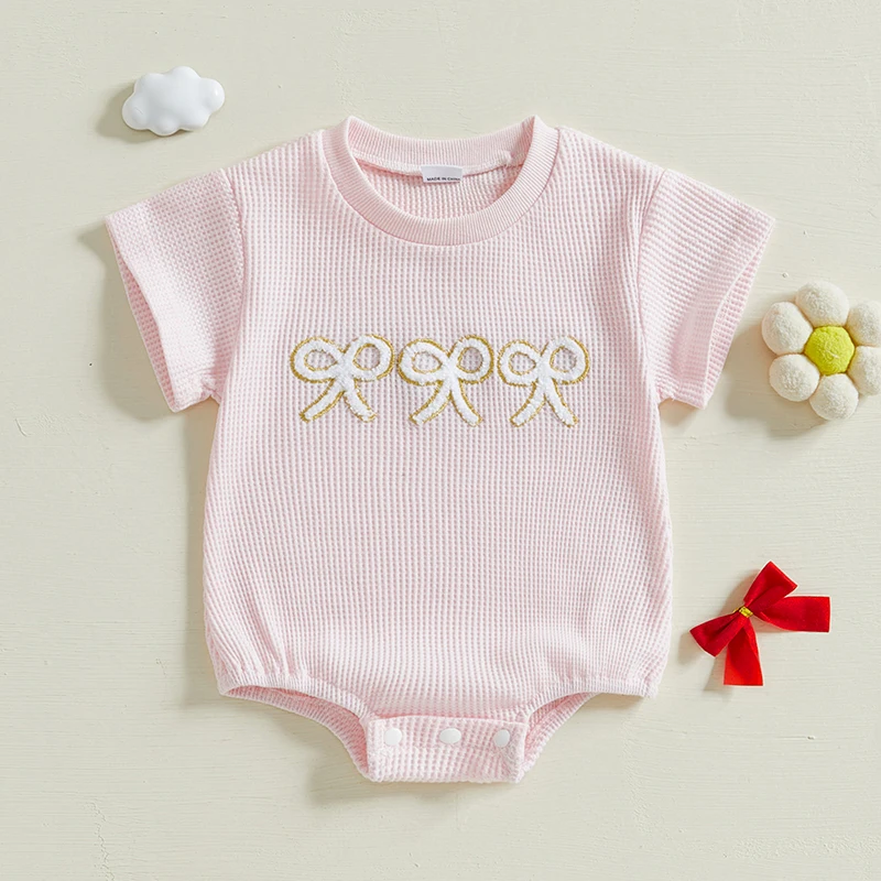 Adorable Toddler Girls Pink Romper with Short Sleeves Round Neckline Bow Embroidery and Sweet Summer Vibes