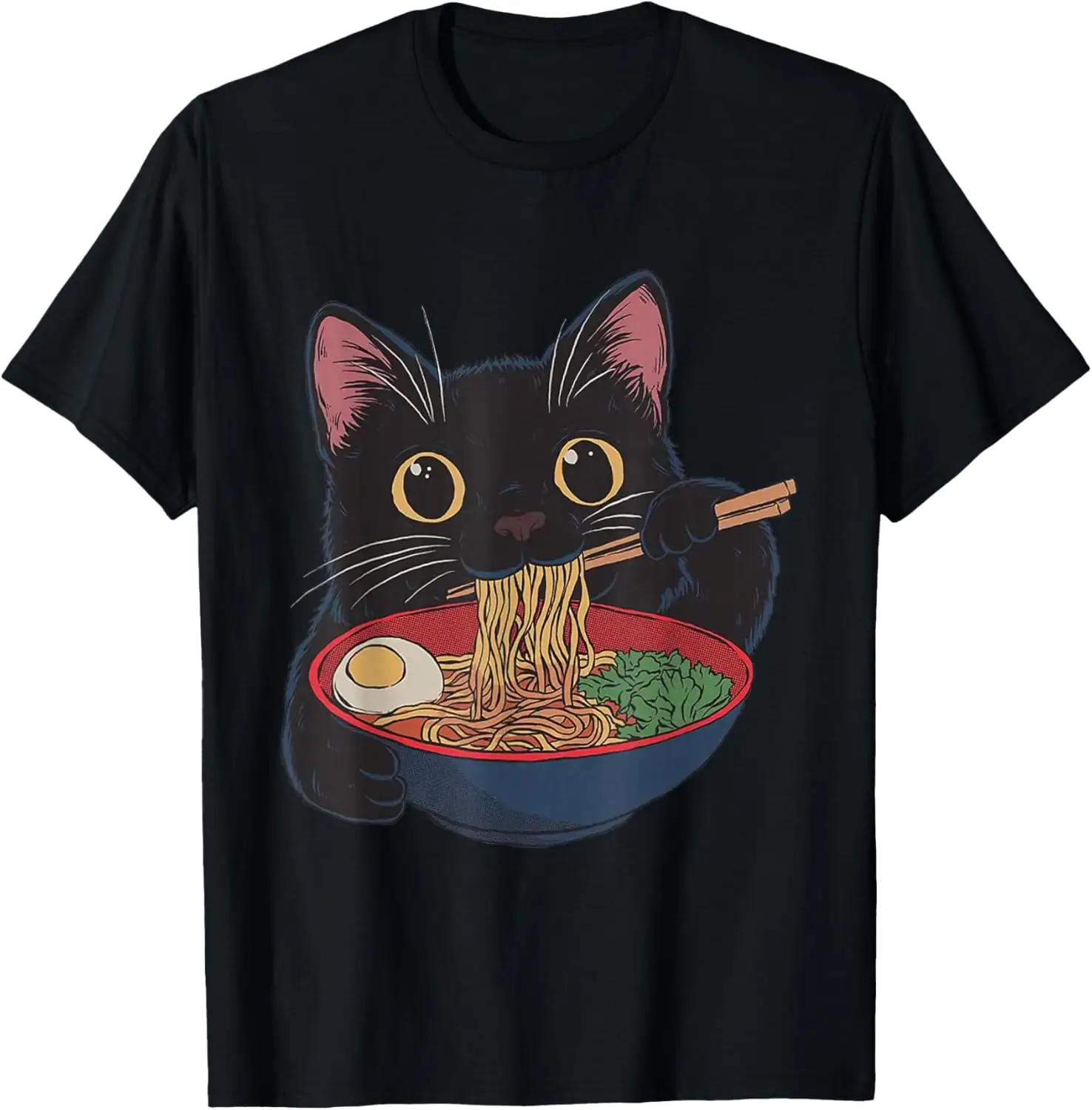 

Черная кошка ест рамен графическая футболка японский кавайный аниме стиль повседневная футболка для мужчин
