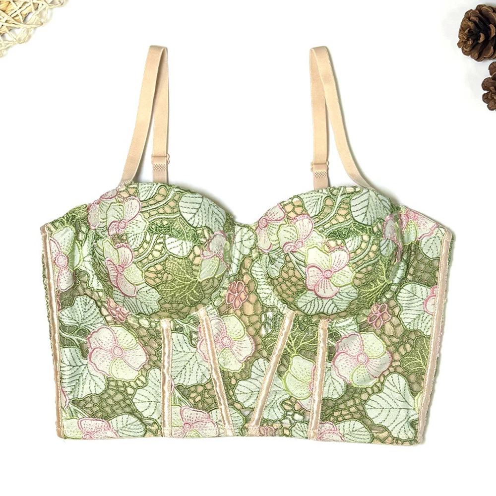 IRENE TINNIE 2024 Crop Top Sexy Green Lace Flowers Bra Push Up Bralet Women Tube Top Corset Bustier Party Lingerie Streetwear