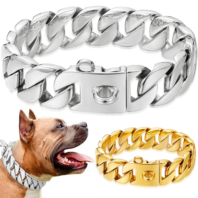 Stainless Steel Wide Metal Gold Dog Chain Collars, Pet Training Choke Collar for Large Dogs, Pitbull, Bulldog Collar, 32mm