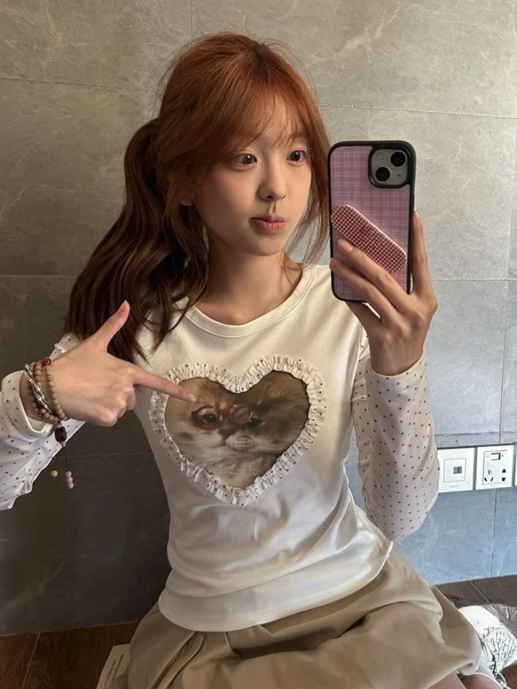 Japanese Kawaii Long Sleeve T-Shirt Subculture Women Casual Cat Print Slim Tops O-Neck Harajuku Sweet Autumn Women Clothing