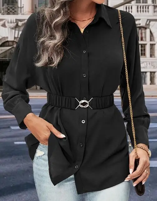 

Woman Blouse 2025 Spring Autumn New Solid Color Turn-Down Collar Long Sleeve Casual Daily Shirt for Women with Belt