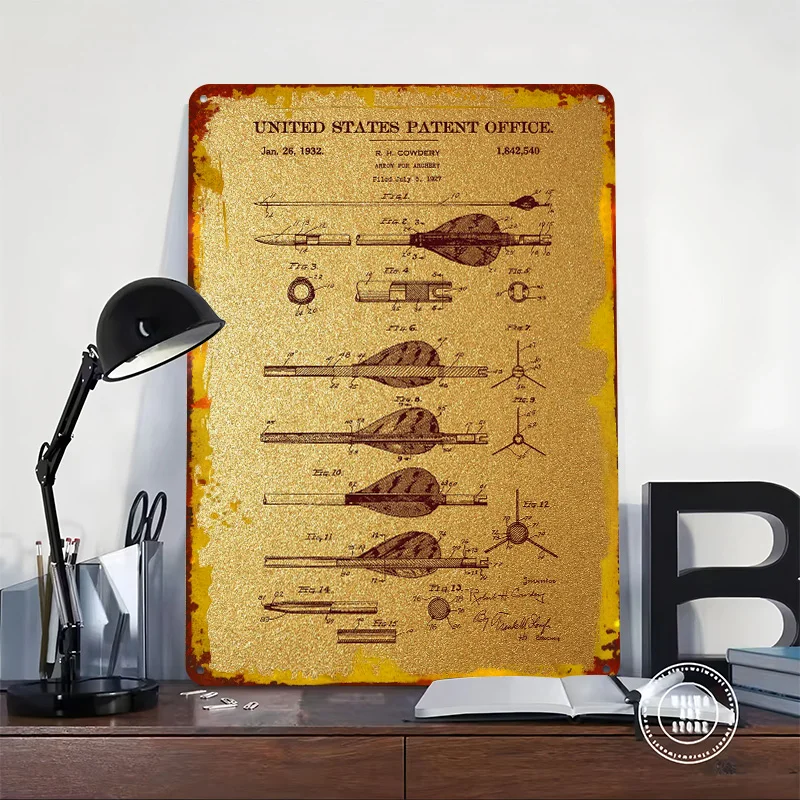 30 Archery Arrow Patent P Printing Poster Customized Retro Wall Art Vintage Metal Signs for Fans Bedroom Decoration Room Decor