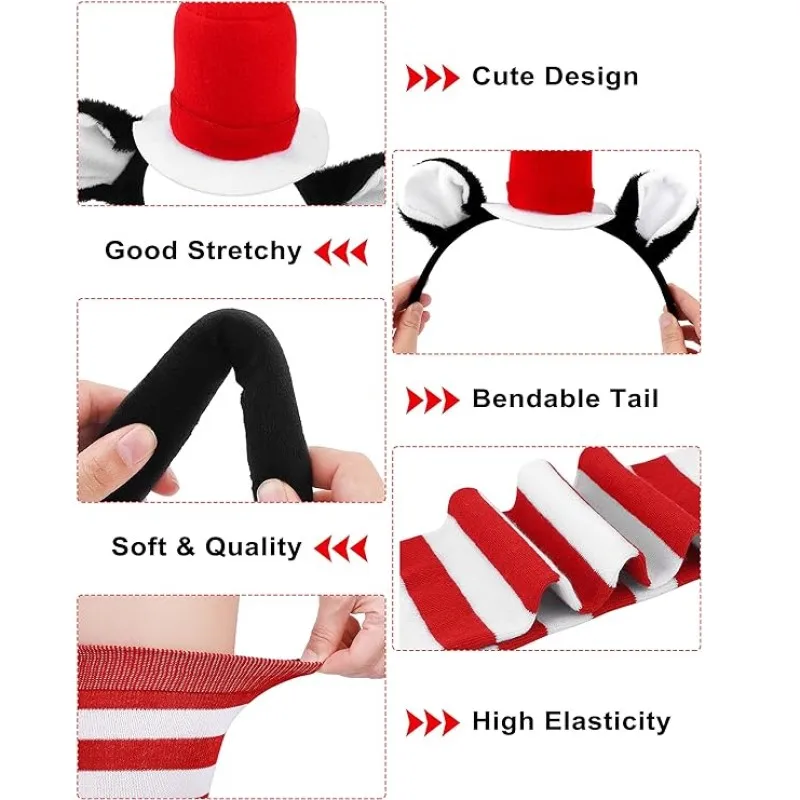 8PCS Cat Costume Outfit Dr. Seuss Cat Ear Top Hat Headband Tutu Skirt Bowtie Cat Tail Striped Socks Set for Cat Cosplay Party