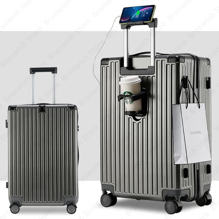 Travel Suitcase With Cup And Phone Holder Trolley Luggage With Password Lock Rolling Suitcase With Spinner Wheels 20Inch 22Inch 