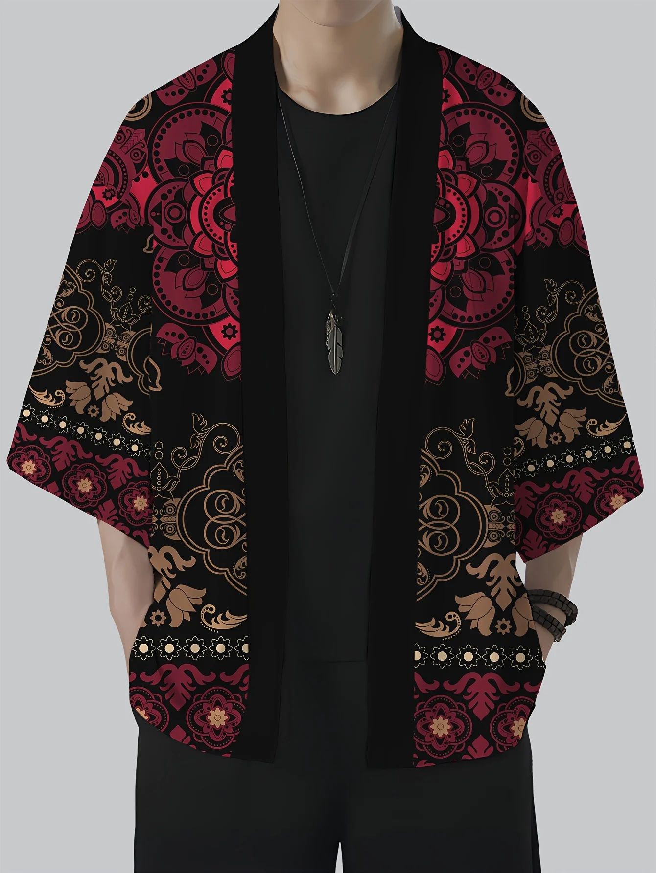 

Men's Kimono Day Summer Casual Shirt - Lightweight and breathable polyester fabric, bright red paisley pattern, no collar design