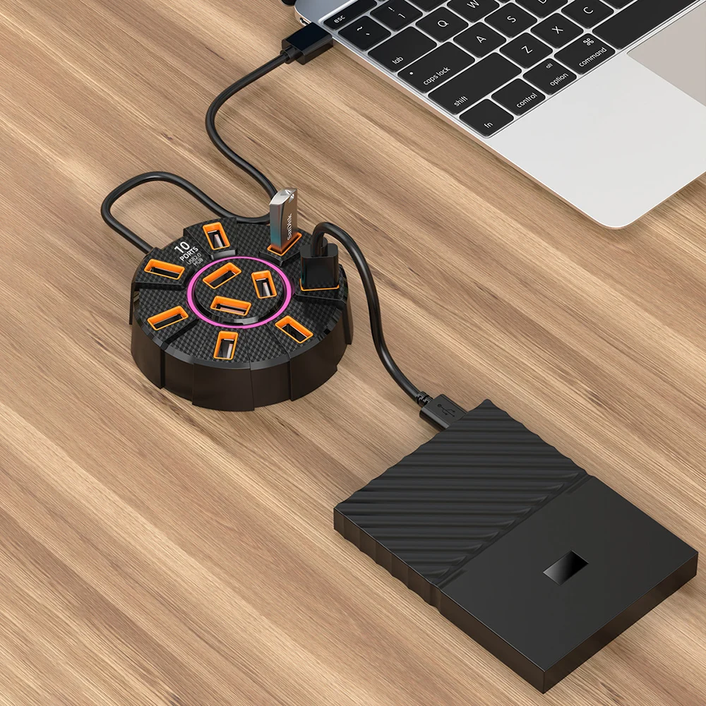 10 Ports HUB 7 Colors RGB Backlight USB2.0 Cable Splitter 1 in 10 out Mouse Keyobard Printer Extend Adapter Phone Charging Dock