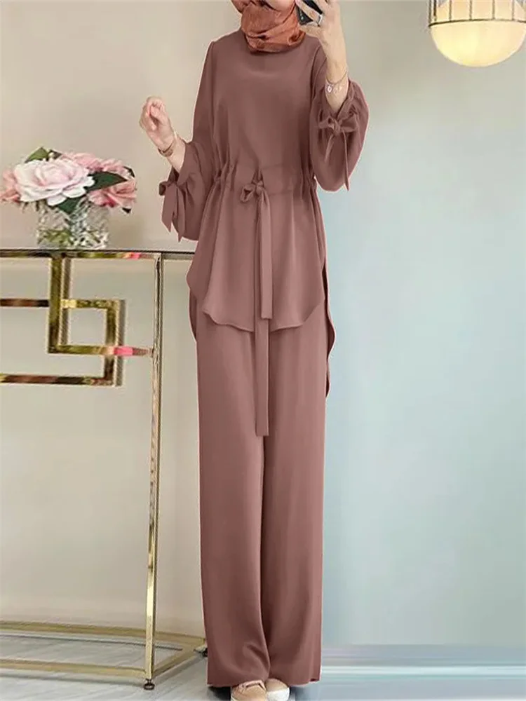 Round Neck Top and Wide Leg Pants Set for Women, Monochromatic, Drawstring Strap, Ramadan, Arab, Muslim, Temperament