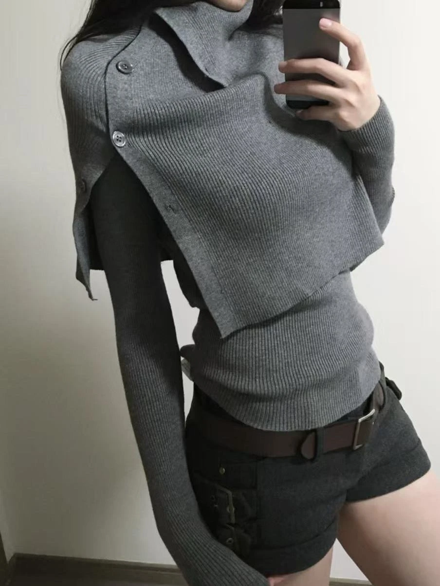 Maglione subcultura vintage casual da donna dolcevita a maniche lunghe pullover lavorato a maglia + scialle set da due pezzi Y2K abbigliamento Antumn