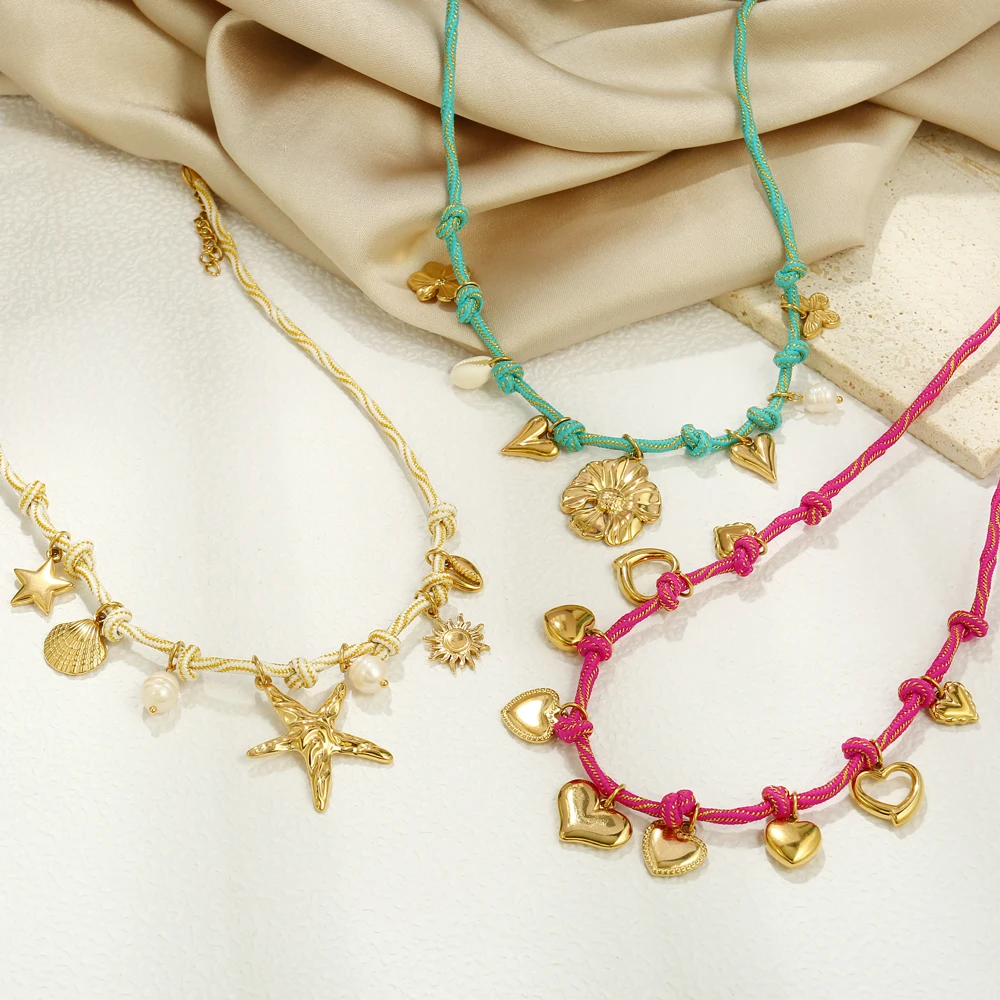 Fashion Rope Braided Handmade Stainless Steel Gold Plated Starfish Shell Heart Flower Charm Necklace for Women Popular Jewelry