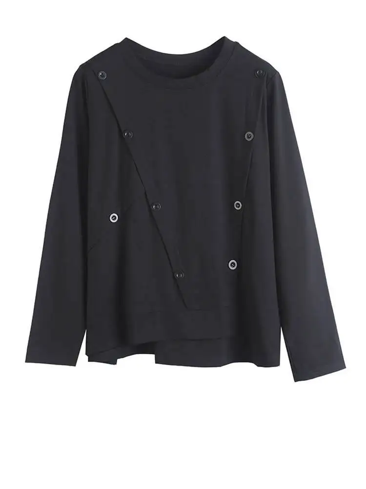 Women Black Button Split Joint Big Size T-shirt New Round Neck Long Sleeve Fashion Spring Autumn 2026 XCVU