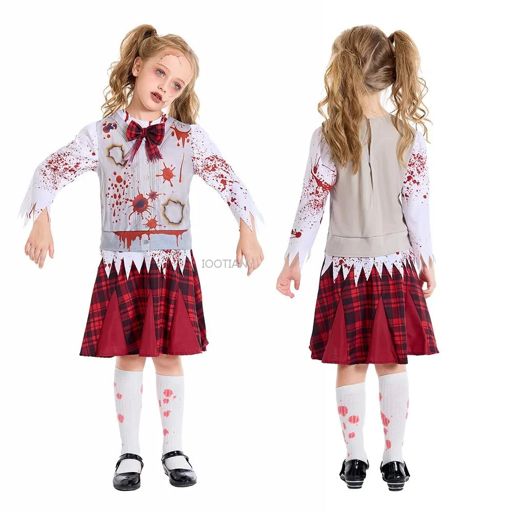 

New Bloodstained Butcher Role Play Dress Kid Red Checkered Student Zombie Cosplay Costume Halloween Carnival Outfits Fancy Dress