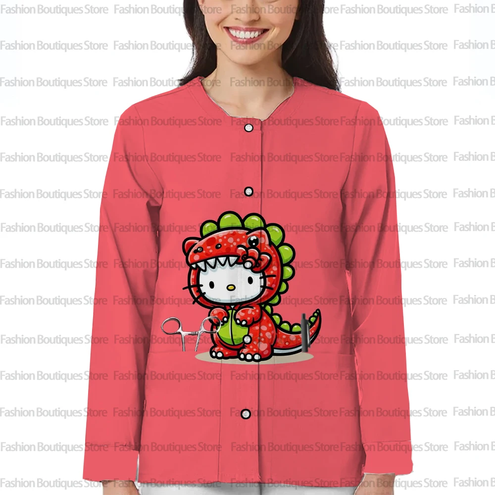 Damska kurtka robocza z długim rękawem i kieszeniami na wiosnę i jesień z motywem Hello Kitty, jednorzędowa, ochronna odzież robocza.