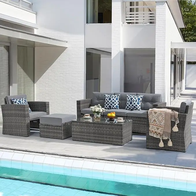 

Patio Furniture Set, Patio Conversation Sets, PE Wicker Outdoor Sectional Sofa with Ottoman, Tempered Glass Coffee Table