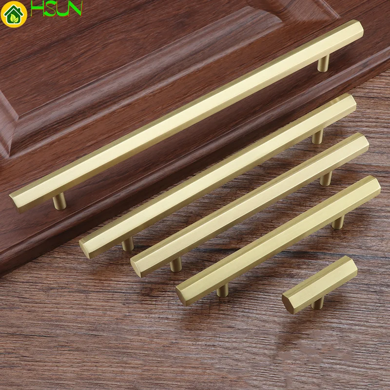 

1pc Gold T bar solid Brass Hexagon handle Cabinet Pull for Kitchen Room Straight Dresser Handle and Knob Furniture Hardware