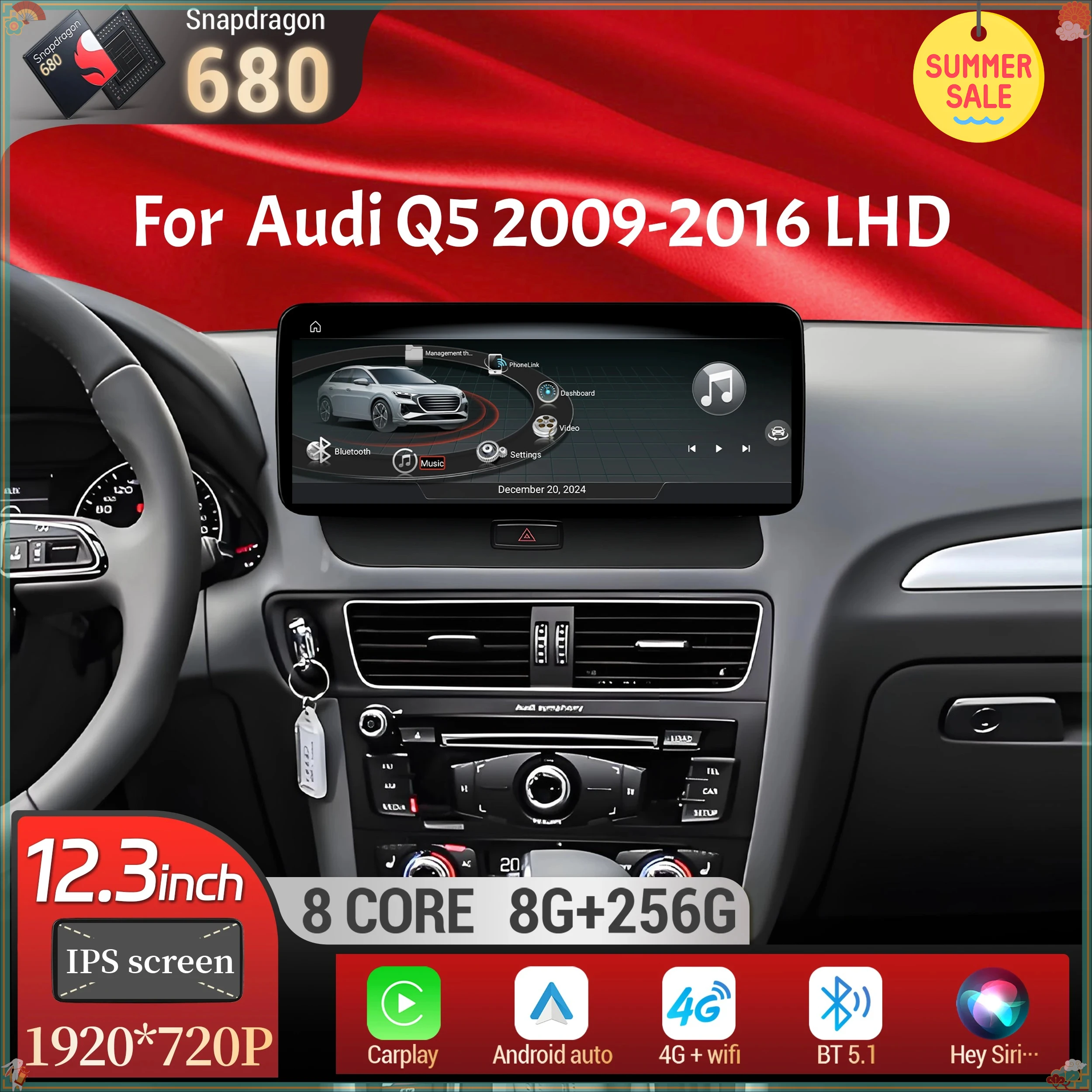 

12.3 inch Android 14 Left Hand Drive Car Radio Wireless BT Carplay Qualcomm Snapdragon 680 System Screen For Audi Q5 2009-2016