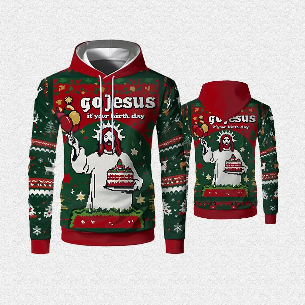 Jesus 3D Print Christmas Hoodie Spring/Autumn Street Style Fashion Casual Pullover Men's Loose Plus Size Holiday Gift Top