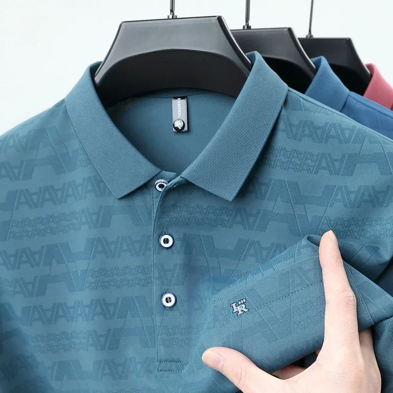

2025 Men's Short Sleeved Jacquard POLO Shirt Fashion Short Sleeved Comfortable Breathable Pocket Design Tops T Shirt for Men
