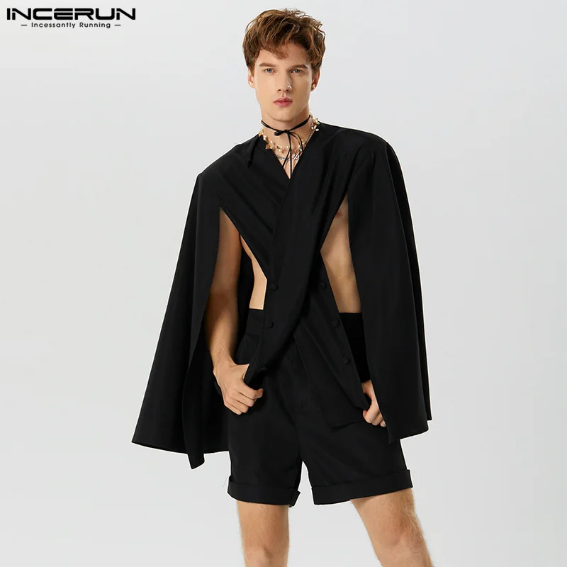 INCERUN 2023 Men Sets Solid Color Streetwear Long Sleeve Hollow Out Irregular Cloak & Shorts 2PCS Fashion Men Casual Suits S-5XL