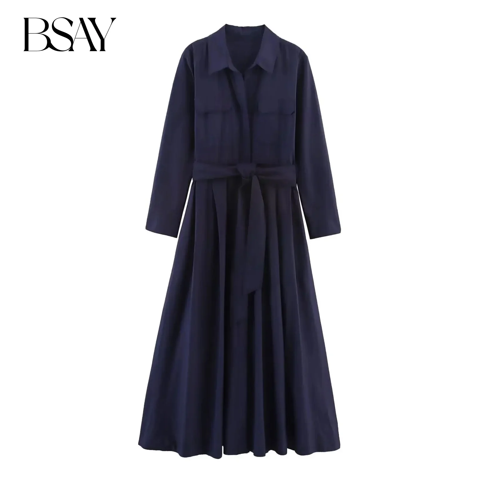 BSAY Poplin Jurk voor Dames Mode Herfst Nieuwe Shirt Stijl Lange Mouwen Single-breasted Revers Frankrijk Vrouwelijke Avondjurken