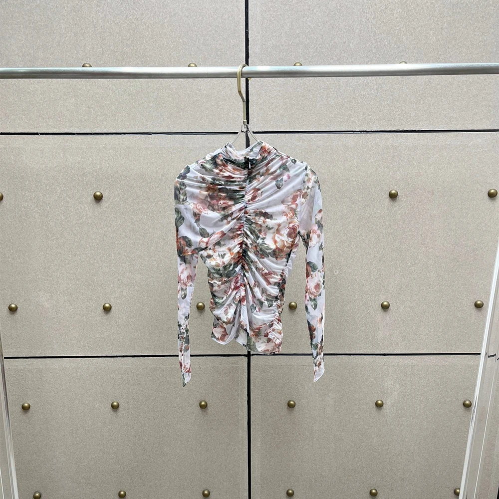 

Mesh-Panel Fashion Print Women's T-Shirt Pleated Slim-Fit Elegant Commuter Long-Sleeve T-Shirt Top 2026 Early Spring New Y2k