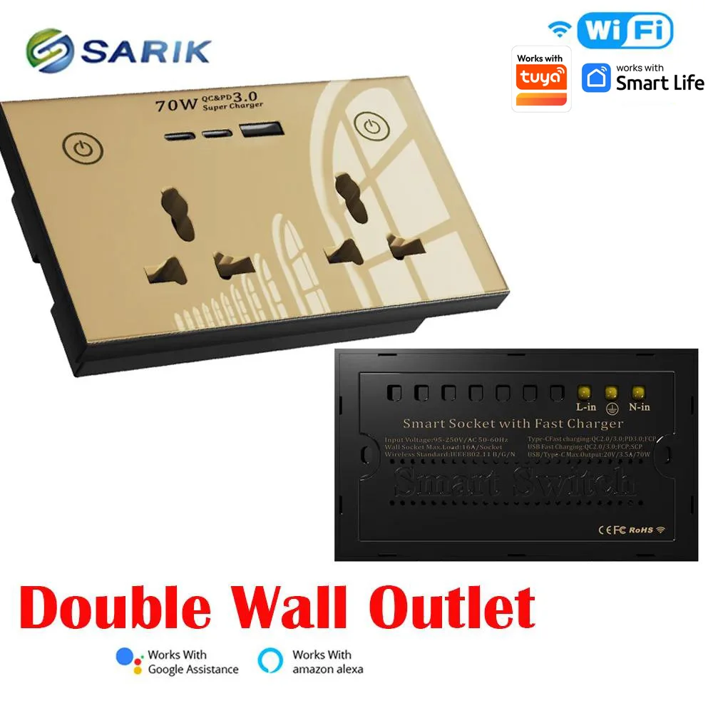 Smart Home Wifi Wall Socket Crystal Glass Panel International Double Universal Outlet USB Touch Switch Works with Tuya