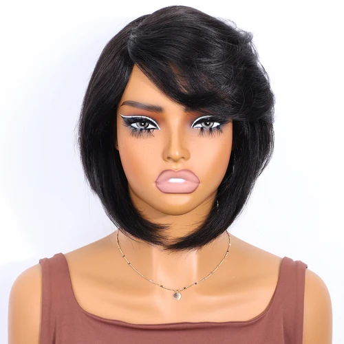 Imagen 2 del producto Peluca de cabello humano 100% brasileño Remy, corte pixie corto negro sin pegamento, con raya lateral, estilo bob liso, hecha a máquina, para mujeres.