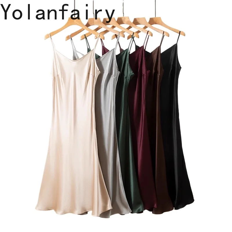 

YOLANFAIRY 100% Real Mulberry Silk Dress Summer Crepe Satin Dress Woman's Adjustable Halter Ladies Dresses Spaghetti Strap Dress