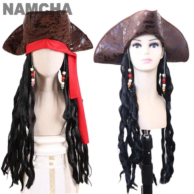 Peluca de pirata de capitán Jack Sparrow, sombrero de Cosplay de pelo largo negro y rizado, gorro de pirata para adultos, rendimiento de escenario, accesorios de disfraz de Halloween