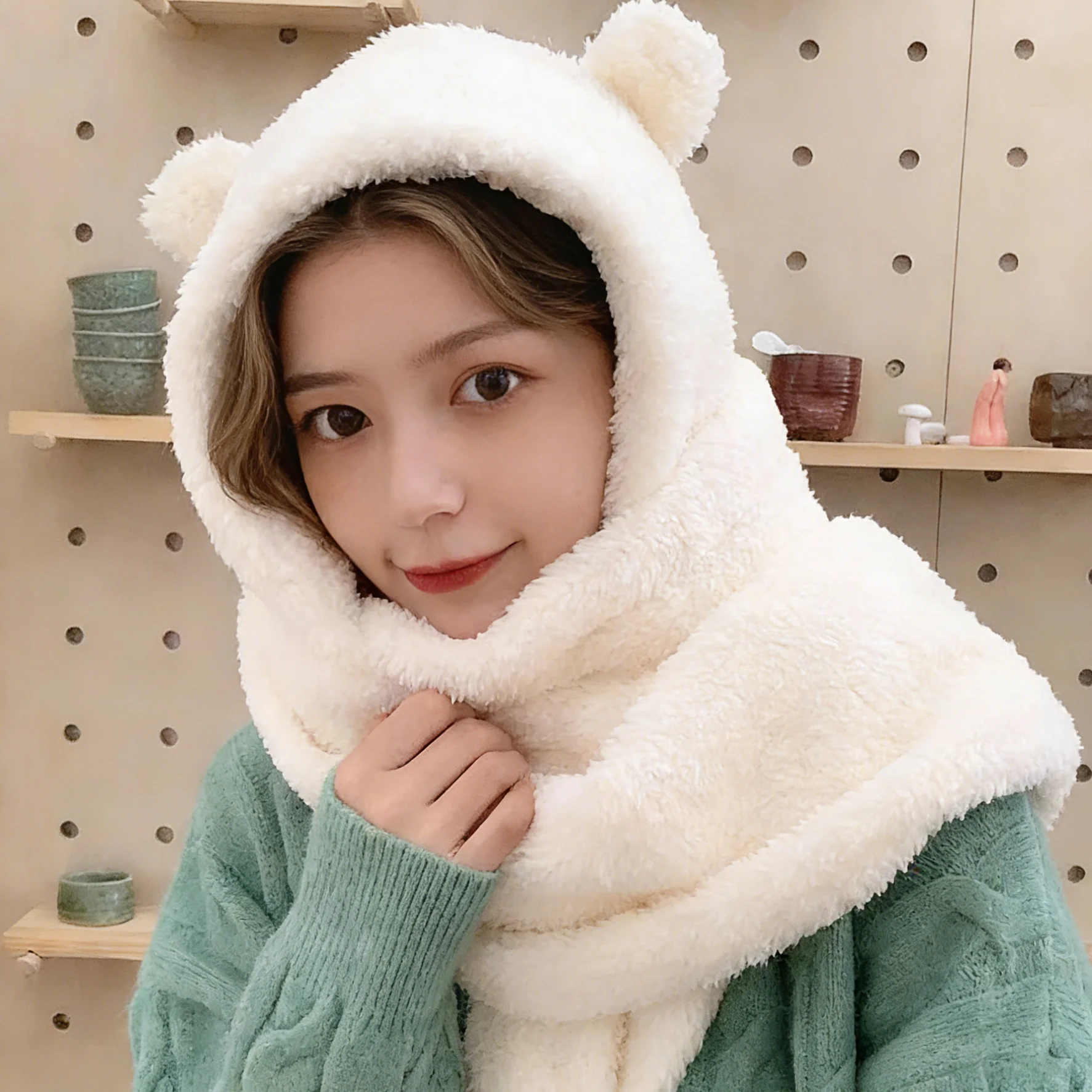 2Pcs Fashion Winter Women Novelty Beanies Caps Warm Bear Ear Hat Casual Plush Hat Scarf Set Casual Solid Women Caps Present - view 5