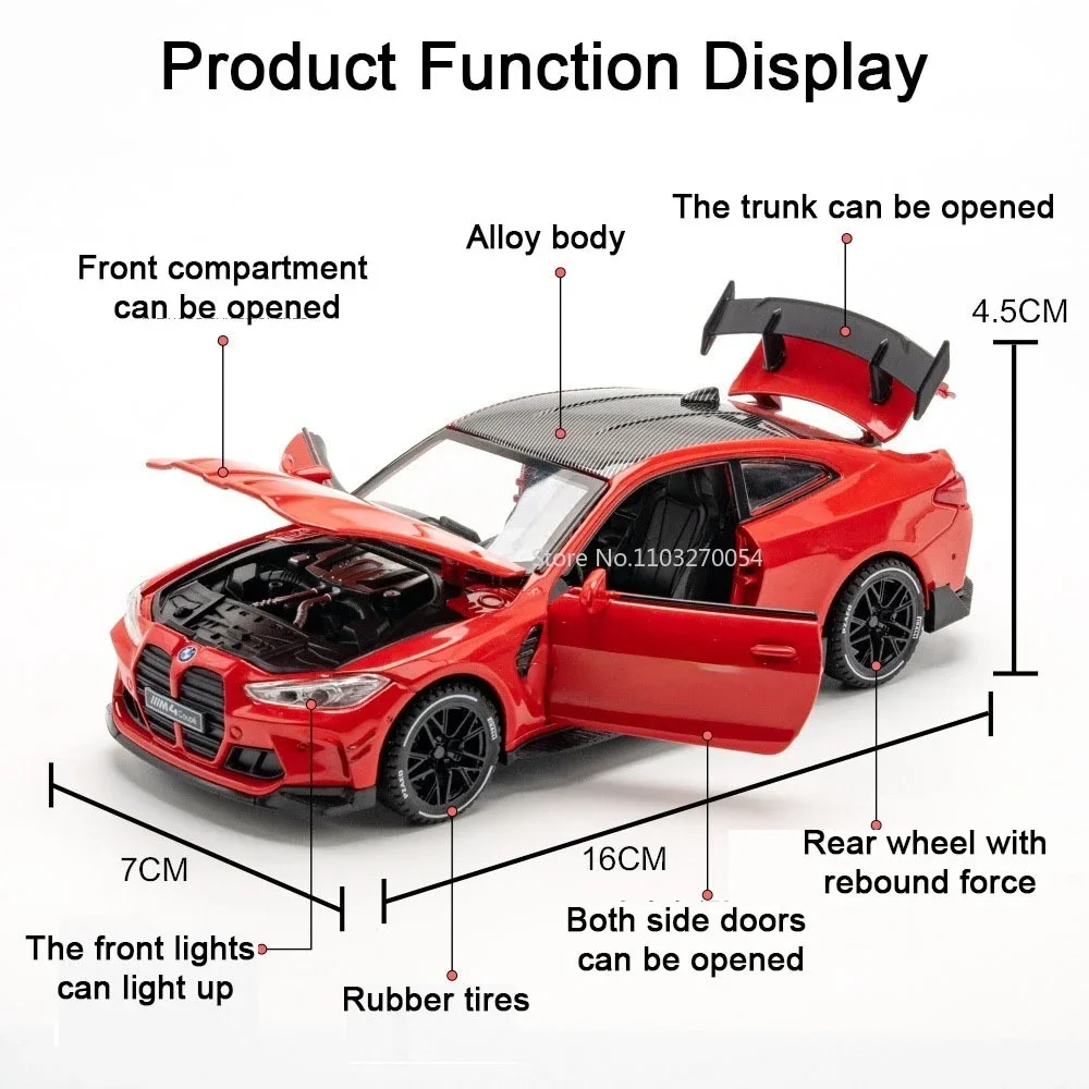 1:32 BMW M4โลหะผสมSportcarของเล่นรุ่นขนาดเล็กDiecastโลหะยานพาหนะจําลองเสียงแสงดึงกลับรถยนต์สําหรับของขวัญเด็ก