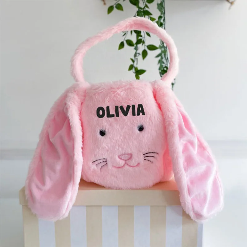 Personalized Custom Name Fluffy Bunny rabbit bag Egg Hunt game basket happy Easter Party decoration family kid boy girl gift
