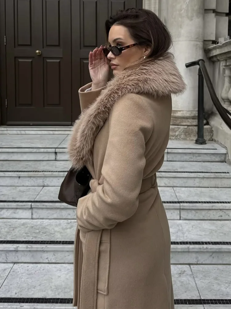 HH-Chaqueta larga de lana con cuello grande para mujer, abrigo elegante con cordones, informal, con dos bolsillos, otoño e invierno, 2025