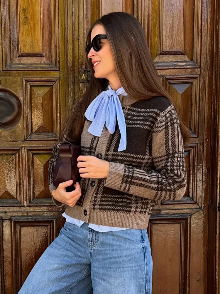 

HH Women's Autumn New Fashion Chic Knitted Coats Plaid O-Neck Long Sleeves Single Breasted Female Casual Loose Cardigans