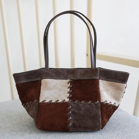 Luxury Suede Square Women Bucket Bag New Design Handmade Thread Top Handle Lady Shoulder Bag Retro Nubuck Leather Basket Handbag