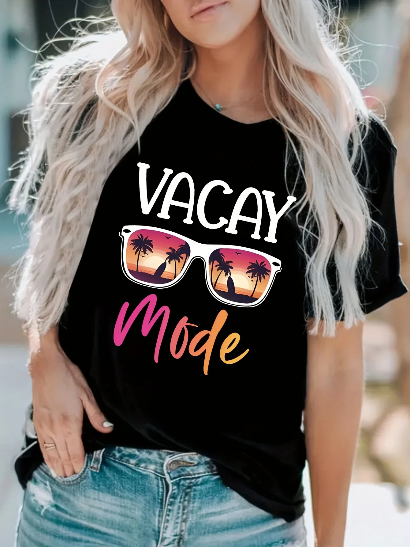 Letter & Sunglasses Print Vacation T-Shirt, Crew Neck Short Sleeve T-Shirt For Spring & Summer, Women's Clothing