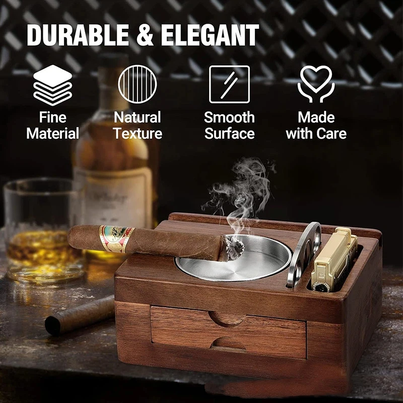 wood ashtray box piano lacquer cigar with phone holder foldable big portable tobacco cigar cutter drill cap smoking accessories