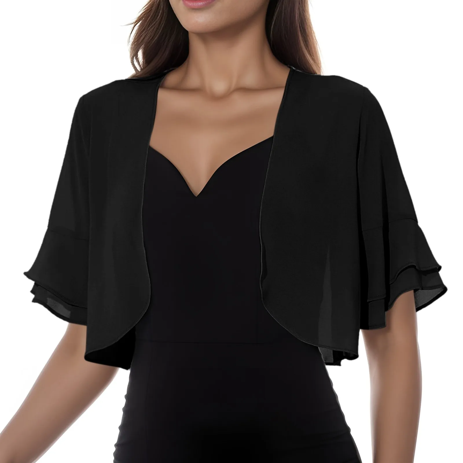 Dames Open Voorkant Korte Mouw Chiffon Vest Zomer Mode Korte Shrug Bolero Vrouwen Cropped Doorschijnende Sjaal Jas Bovenkleding