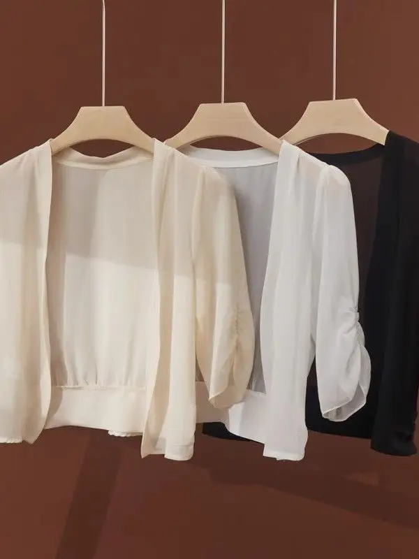 

Short Pure Color Sleeveless Open Cardigan Women's Summer New Style Thin Shoulder Shawl Versatile Design Commute Style Loose Fit