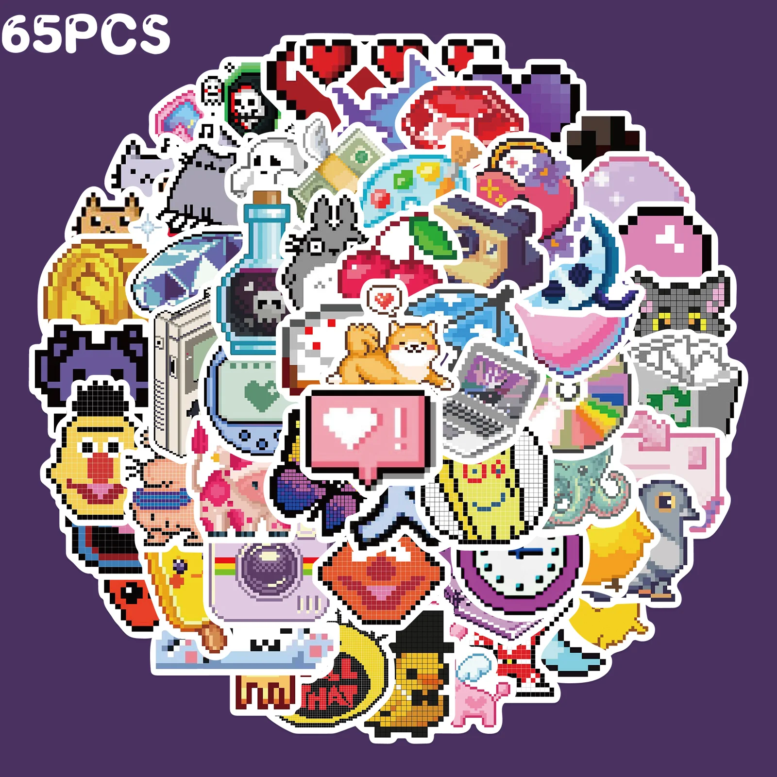 

65PCS INS Style Cute Pixel Cartoon Stickers DIY Bike Travel Luggage Laptop Graffiti Waterproof Sticker Kid Toy Decal