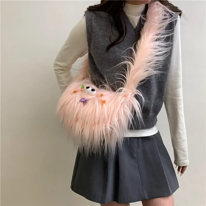 Personalized Monster Handmade DIY Wool Bag Material Wool Woven Bag Dopamine Cute Plush Long Hair Oblique Span Bag