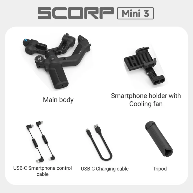 FeiyuTech SCORP Mini 3 Gimbal-stabilisator voor smartphone Ingebouwde AI-trackingmodule Koelventilator 2 kg laadvermogen met geïntegreerde grip