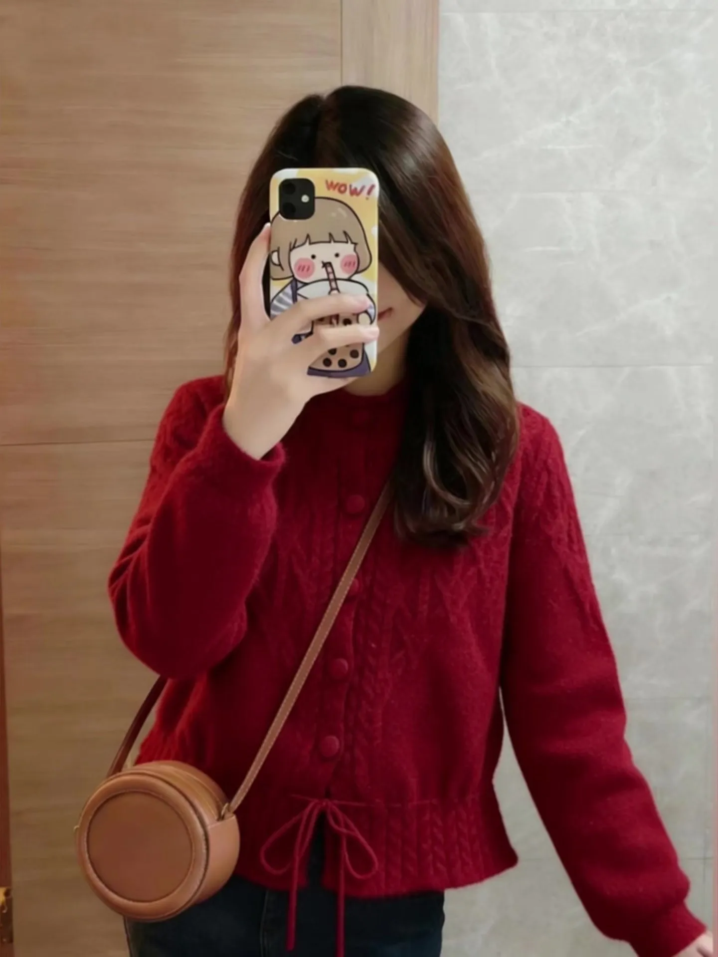 

Ele Red round Ne Knitwear Winter 2025 Faion Belted Waist Lazy Sle Versatile Long Sve Women's Camere Sweater