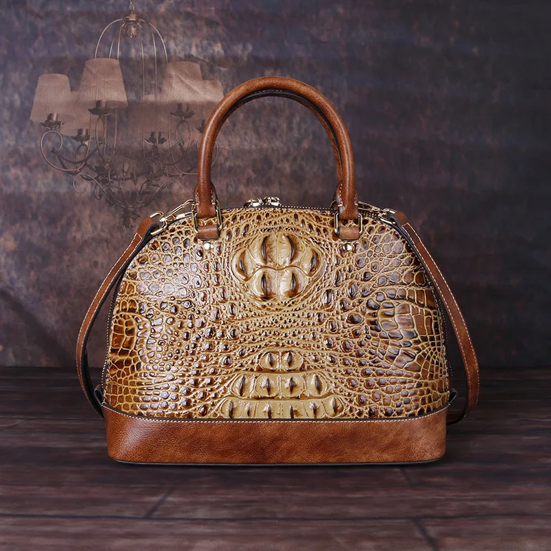 

Europe And United States Retro First Layer Cowhide Handbag Light Luxury Fashion Crocodile Print Shell Type Shoulder Crossbod Bag